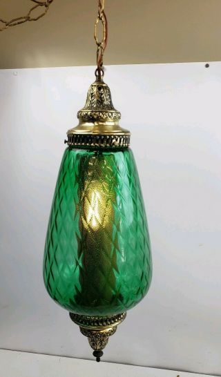 Vintage Mcm Retro Green Quilted Glass Hanging Swag Lamp Light 25 " Light Diffuser