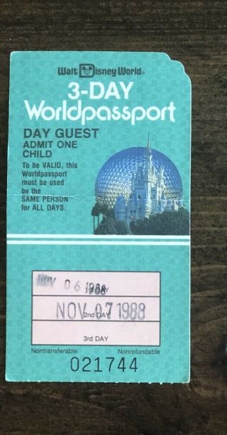 Vtg Walt Disney World 3 - Day Passport Ticket Child 1 Day 1988