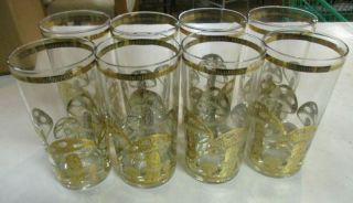 Culver Set Of 8 Vintage Magic Mushroom Gold Design Glasses Tumblers Signed