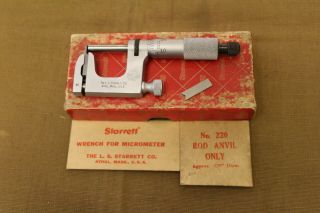 Vtg Starrett No.  220c - Rl Mul - T - Anvil 0 - 1” Micrometer W/ 3 Anvils Box Wrench N215