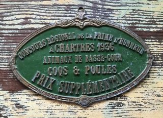 Large Rare Vintage French Cast Iron 1936 Green Award Plaque For Roosters & Hens