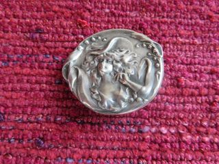 Antique Art Nouveau Pin Brooch Woman In Large Hat C Clasp Sterling Silver