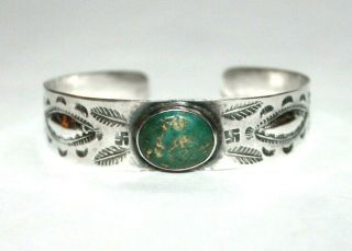 Vintage Native American Sterling Green Turquoise Cuff Arrows Imprinted Designs