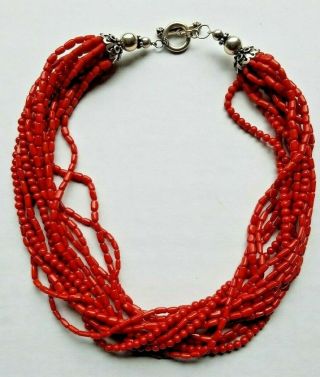 Multi Strand Red Coral And Sterling Silver Chunky Necklace 20 Inch 111 Grams