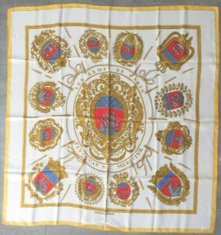 Vintage Hermes 35 " X 34 " Scarf,  Red,  Blue,  Gray And Gold On Cream Background