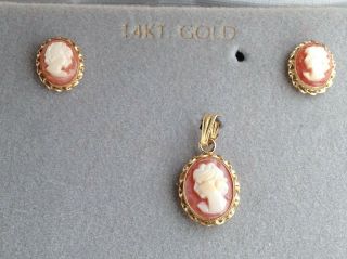 14k Cameo Earrings And Matching Pendant Small Size