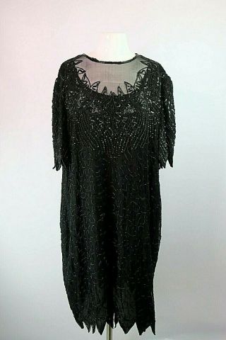 Vtg Scala Black Plus 4x Sequined Silk Beaded Cocktail Trophy Wife Flapper Dress