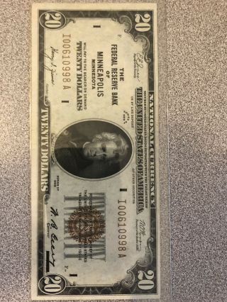 1929 Twenty Dollar Bill $20 Note Minneapolis Minnesota Frb Vintage I00610998a