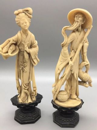 Vintage Large 12 " Asian Lady & Man Figurine Set Resin Statue Ivory Imitation C28