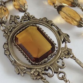 Long Antique Edwardian Art Deco Gilt Brass Citrine Czech Glass Sautoir Necklace