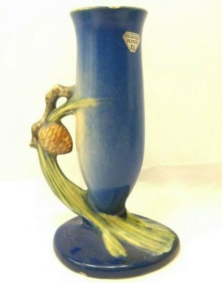 Vintage 1930s - 1940s Roseville Pottery Royal Blue Pinecone Vase With Sticker