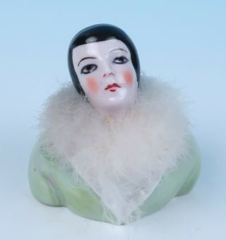 Antique Art Deco German Porcelain Half Doll Pierrette Powder Puff Holder Jar Box