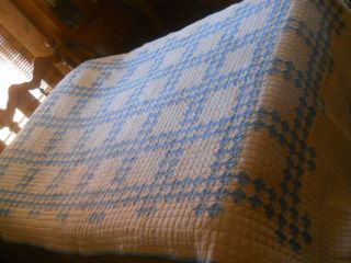 Vtg Light Blue/White Postage Stamp Quilt - Twin Size - Handmade - Hand Quilted - 102x64 2