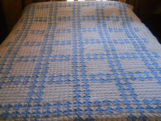 Vtg Light Blue/White Postage Stamp Quilt - Twin Size - Handmade - Hand Quilted - 102x64 3