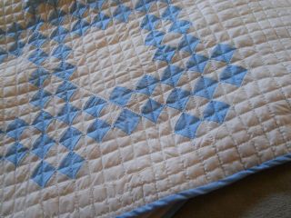 Vtg Light Blue/White Postage Stamp Quilt - Twin Size - Handmade - Hand Quilted - 102x64 4