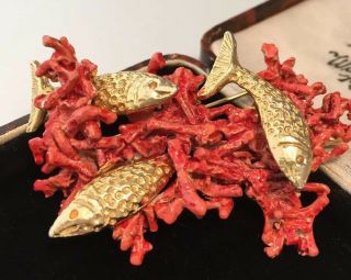 Vintage Jewellery Enamel Coral Reef And Articulated Fish Aquatics Brooch