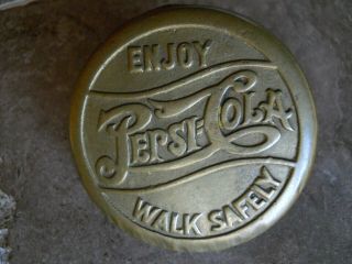 Vintage Enjoy Pepsi Cola Double Dot Walk Safety Crosswalk Brass Street Marker