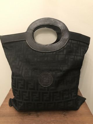 Rare Vintage Fendi Zucca Shopper Tote Bag Black Canvas Leather Handbag Vintage