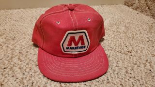 Vintage 70s Marathon Snapback Trucker Hat Cap Denim Patch Made In Usa Gas Oil