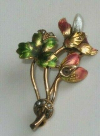 Antique 10k Gold Brooch Pin Jewelry Enamel Pearl Flower (bb26)