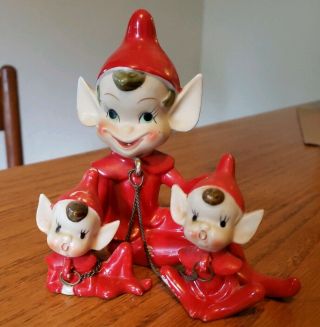 Rare - Vintage Thames Red Elf Pixie Mom & Babies On Chain Figurines.  Japan.  Euc