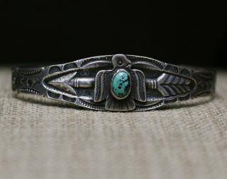 Vintage Harvey Era Navajo Sterling Silver Turquoise Thunderbird Cuff Bracelet