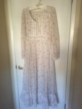 Gunne Sax Size 13 Pink Floral Maxi Long Sleeve Prairie Dress 2