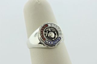 Vintage Sterling Silver 925 Enamel United States Marines Symbol Ring - Size 6.  5