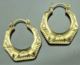 Beautifully Engraved 14k Yellow Gold 5 Sided Hoop Pierced Earrings