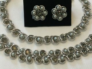 Trifari Pearl Rhinestone Set Necklace Bracelet Earrings Gray Vintage Bride