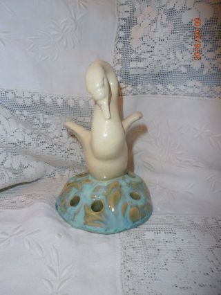 Vintage Fulper Flower Frog Signed Pale Yellow Swan Figural 401 3