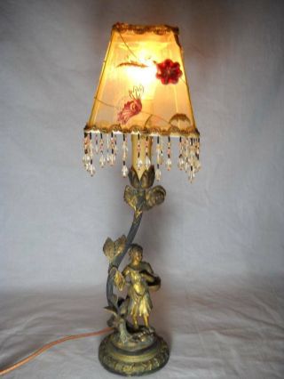 Unique Vintage Figural 18 " Brass Table Lamp W/ Embroidered Beaded Shade