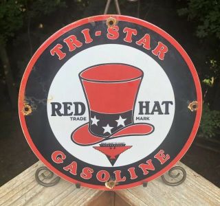 Vintage Tri - Star Gasoline “red Hat” Porcelain Gas Oil Service Station Pump Plate