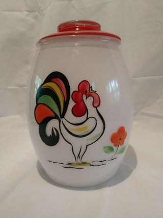 Vintage Bartlett Collins Glass White W Rooster Cookie Jar Canister Red Lid