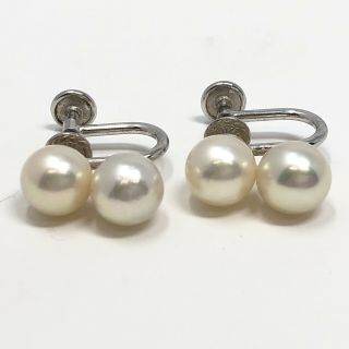 Vintage 1950 14k White Gold Double Cultured Pearl Screw Back Earrings 7 - 7.  25mm