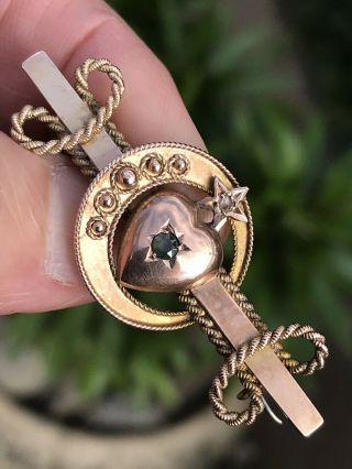 Antique Victorian /edwardian 375 9ct Gold Moon Heart Star Sweetheart Brooch /pin