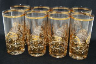 8 Vintage Mid Century Culver High Ball Magic Mushroom Glasses Bar Set 22k Gold