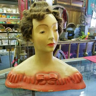 Large Vintage 1920 Signed Lamoureu Plaster Mannequin Woman Bust Head Human Hair