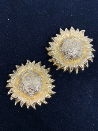 Vintage Signed Christian Dior Gold Tone Sun Moon Star Clipon Rhinestone Earrings