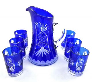 Vintage Cobalt Blue Bohemian Glass Cut To Clear Pitcher 6 Glasses Tumblers Set