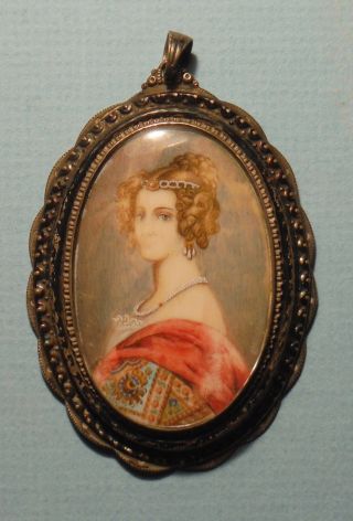 Antique Fine Portrait Miniature Painting Of A Lady In 800 Silver Frame Pendant