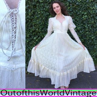 Vtg 70s Victorian Gunne Sax Wedding Dress Ivory Cream White Lace Bridal Gown S