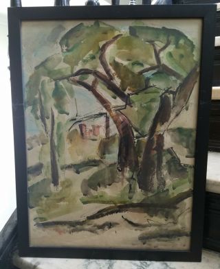 Mid Century Vintage Watercolor Painting Landscape Trees