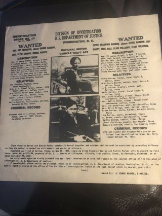 1934 Rare Bonnie & Clyde Wanted Poster United States Marshalls Flyer