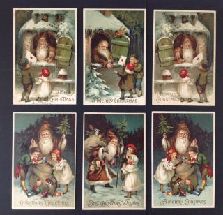 Vintage Santa Claus Postcards - Set Of 6 - Brown Suits,  Embossing