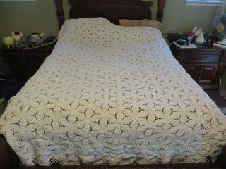 Vtg Cotton Lace Crochet Bedspread Throw Coverlet Spread Bed Cover Queen 96 X 84