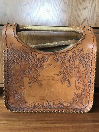 Vintage 1970s One - Of - A - Kind Hand Tooled Leather Bag
