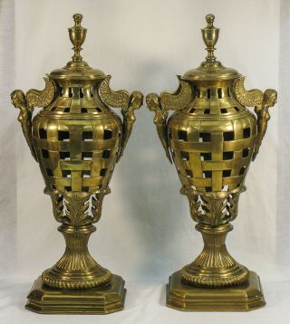 Set Of 2 Vintage Ornate Solid Brass Urns 22 " Tall W/ Angels Cherubs B48c St135