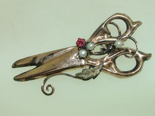 Antique Victorian Rose & Green Gold Filled Seed Pearl Scissors Pin