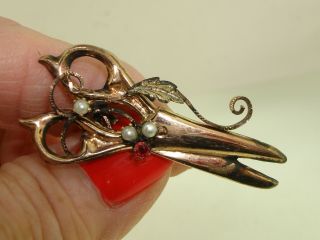 ANTIQUE VICTORIAN ROSE & GREEN GOLD FILLED SEED PEARL SCISSORS PIN 3